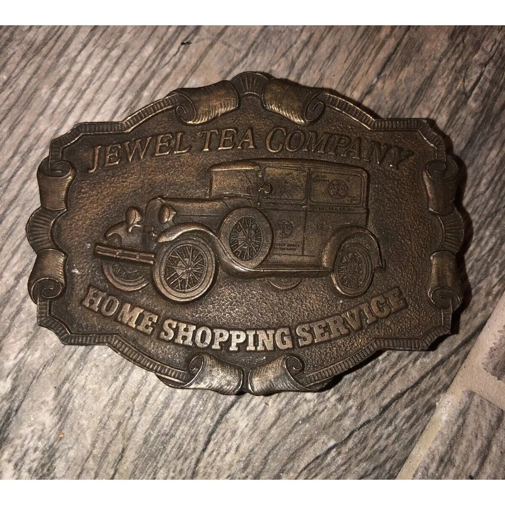 Vintage Jewel Tea Companyโ belt buckle Home shopping grocery store 1977 Chicago